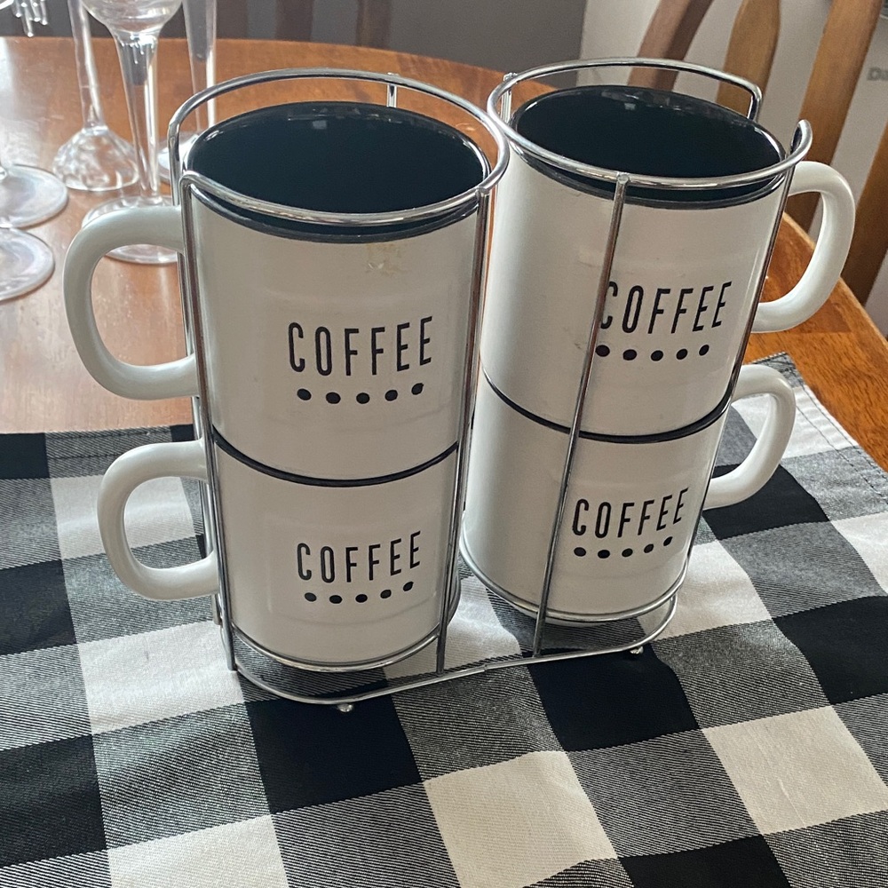 Set of 4 White Coffee Mugs with Stand